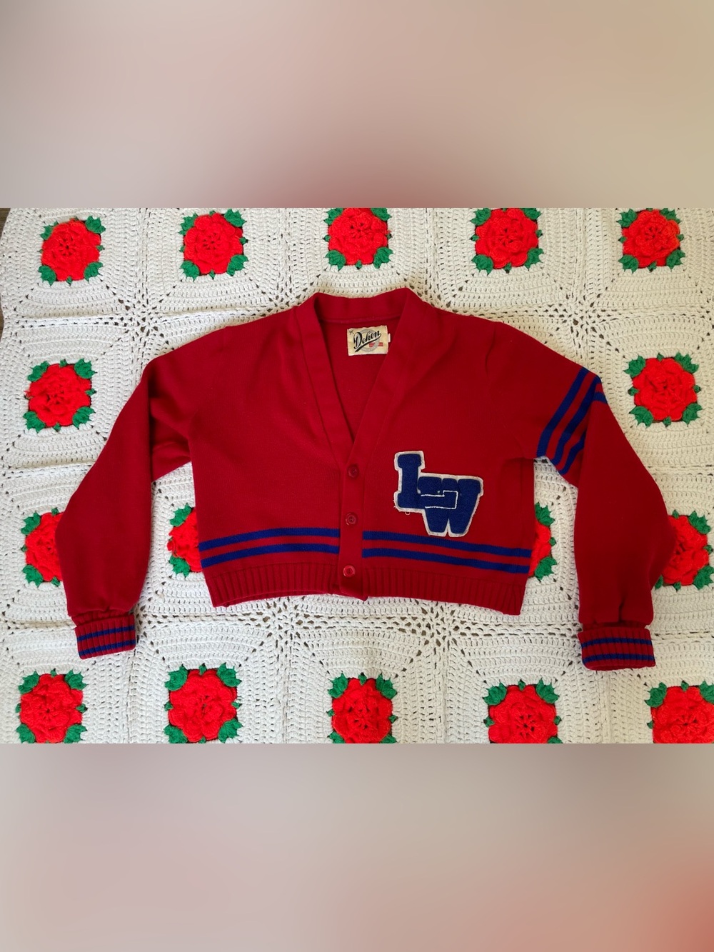 Vintage Dehen LW Letterman Cardigan Sweater Red Blue Varsity USA Made Wool Knit